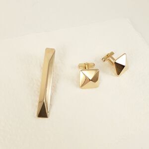 Vintage SWANK Goldtone Cufflinks & Tie Clip Set, MCM Classic, shiny gold tone